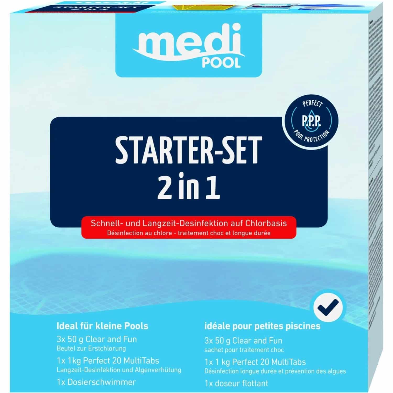 mediPOOL Starter Set 2in1 Perfect 20 MultiTabs Schwimm Dosierer 3 x Dosierbeutel zur Schockchlorung